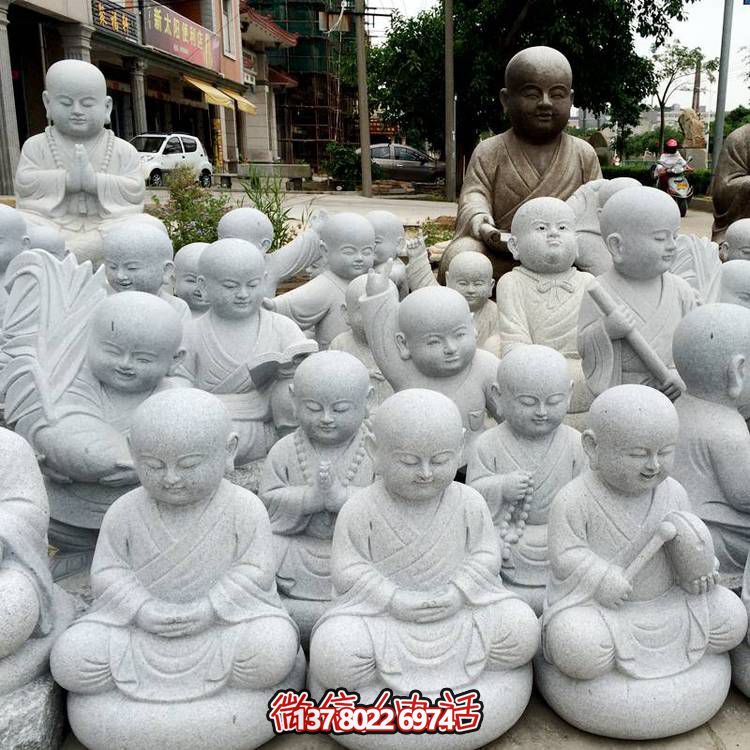 天然砂巖雕刻小沙彌擺件，美麗景致精美寺院家居裝飾