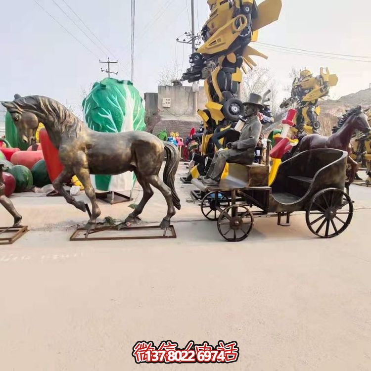 玻璃鋼仿銅歐式馬拉車(chē)雕塑旅游景點(diǎn)步行街?jǐn)[件
